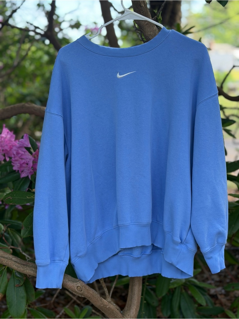 Nike Women's Sky Blue Crewneck Sweatshirt with White Swoosh- Medium